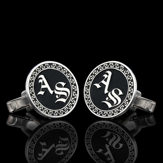 Handmade Special Design Silver Edged With Motifs Round Cufflinks by SWISS PLUS - Unique Design Handmade Cufflinks - view 2