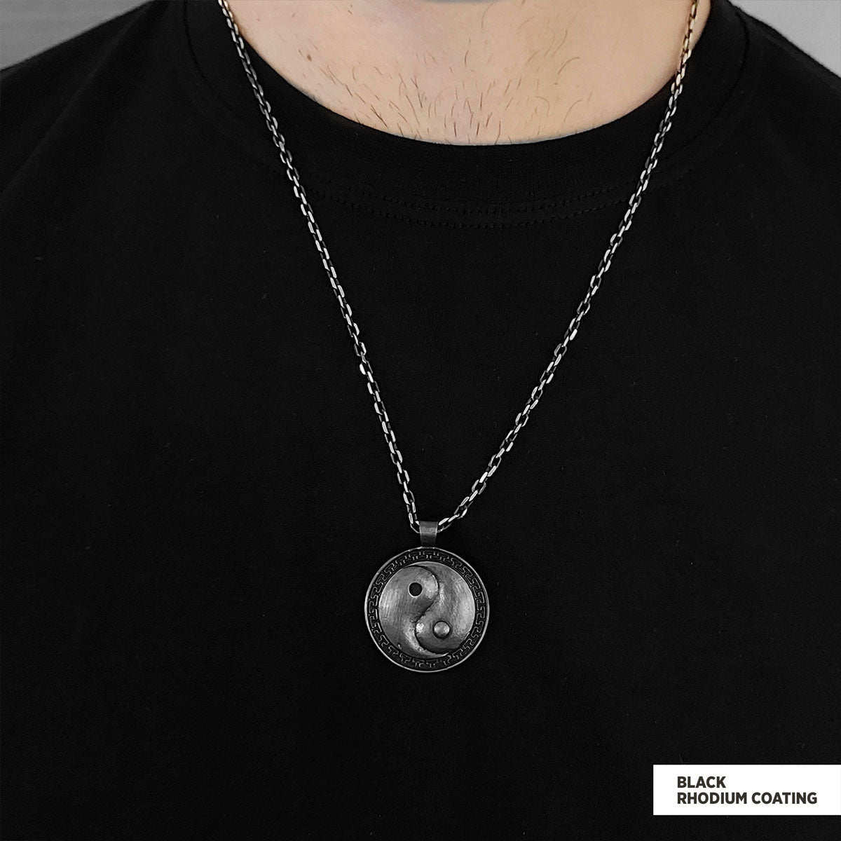 Handmade Sterling Silver Round Yin Yang Pendant Black Rhodium Coating-Chain by SWISS PLUS - Jewish Collection - view 2