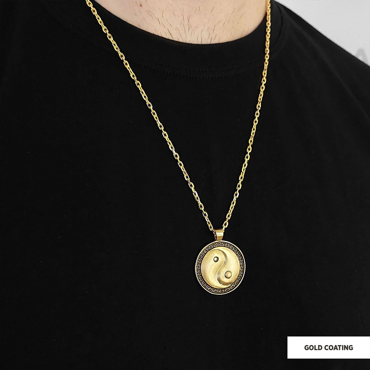 Handmade Sterling Silver Round Yin Yang Pendant Gold Coating-Chain by SWISS PLUS - Jewish Collection - view 2