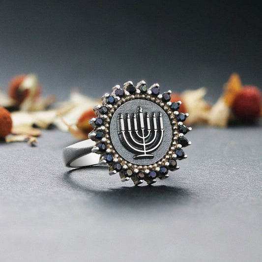 Handmade Stone Jewish Menorah Isolated Women Ring