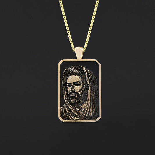 Hazrat Ali Face Necklace, Islamic Rectangular Pendant, Dhulfiqar Jewelry, Zulfiqar Face Necklace, Zulfiqar Jewelry, Muslim Silver Necklace Large-Gold Coating