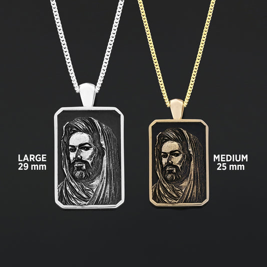 Hazrat Ali Face Necklace, Islamic Rectangular Pendant, Dhulfiqar Jewelry, Zulfiqar Face Necklace, Zulfiqar Jewelry, Muslim Silver Necklace Large-Gold Coating