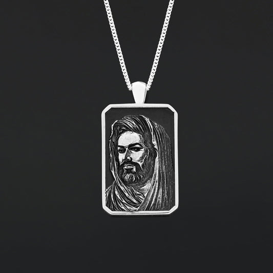 Hazrat Ali Face Necklace, Islamic Rectangular Pendant, Dhulfiqar Jewelry, Zulfiqar Face Necklace, Zulfiqar Jewelry, Muslim Silver Necklace Large-Silver