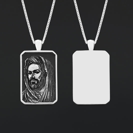 Hazrat Ali Face Necklace, Islamic Rectangular Pendant, Dhulfiqar Jewelry, Zulfiqar Face Necklace, Zulfiqar Jewelry, Muslim Silver Necklace Large-Silver