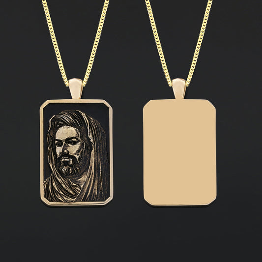 Hazrat Ali Face Necklace, Islamic Rectangular Pendant, Dhulfiqar Jewelry, Zulfiqar Face Necklace, Zulfiqar Jewelry, Muslim Silver Necklace Medium-Gold Coating