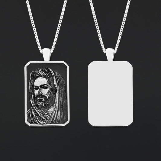 Hazrat Ali Face Necklace, Islamic Rectangular Pendant, Dhulfiqar Jewelry, Zulfiqar Face Necklace, Zulfiqar Jewelry, Muslim Silver Necklace Medium-Silver