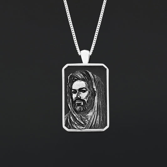 Hazrat Ali Face Necklace, Islamic Rectangular Pendant, Dhulfiqar Jewelry, Zulfiqar Face Necklace, Zulfiqar Jewelry, Muslim Silver Necklace Medium-Silver
