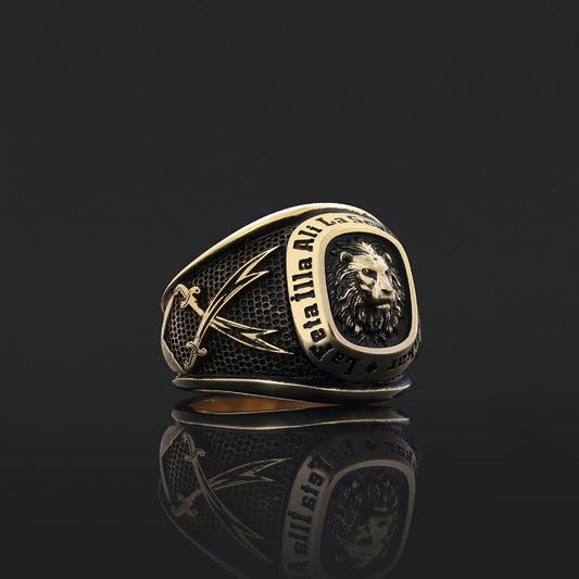 Hazrat Ali Lion Ring, Dhulfiqar Sword Round Ring, Islamic Zulfiqar Sword Jewelry, Zulfiqar Face Ring Jewelry, Muslim Silver Ring Gold