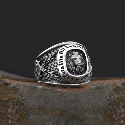 Hazrat Ali Lion Ring, Dhulfiqar Sword Round Ring, Islamic Zulfiqar Sword Jewelry, Zulfiqar Face Ring Jewelry, Muslim Silver R