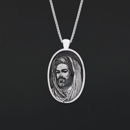 Islamic Oval Pendant, Dhulfiqar Jewelry, Zulfiqar Face Necklace, Zulfiqar Jewelry, Muslim Silver Hazrat Ali Face Necklace by 