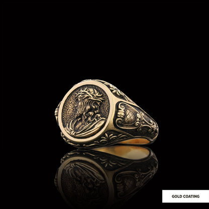 Jesus Motif Ring, Jesus Ring, Silver Religious Ring, Gold Plated Jesus Jewelry, Christian Signet Ring by SWISS PLUS - Christi