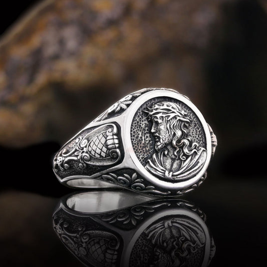 Jesus Motif Ring, Jesus Ring, Silver Religious Ring, Gold Plated Jesus Jewelry, Christian Signet Ring - view 1