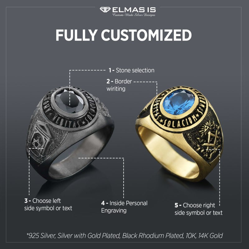 Jewish Masonic Round Ring, Custom Stone Mason Ring, Freemasonic Ring, Master Mason Ring