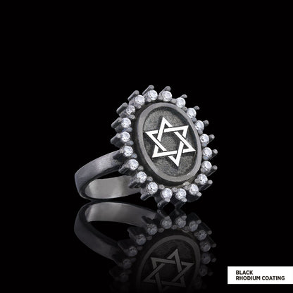 Jewish Star Ring, Silver Menorah Ring, Hebrew Chanukah Menorah Ring, Magen David Ring, Shield of David Ring Black Rhodium Coa