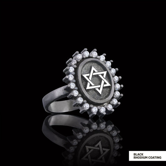 Jewish Star Ring, Silver Menorah Ring, Hebrew Chanukah Menorah Ring, Magen David Ring, Shield of David Ring Black Rhodium Coating