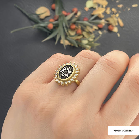 Jewish Star Ring, Silver Menorah Ring, Hebrew Chanukah Menorah Ring, Magen David Ring, Shield of David Ring Gold Coating by S