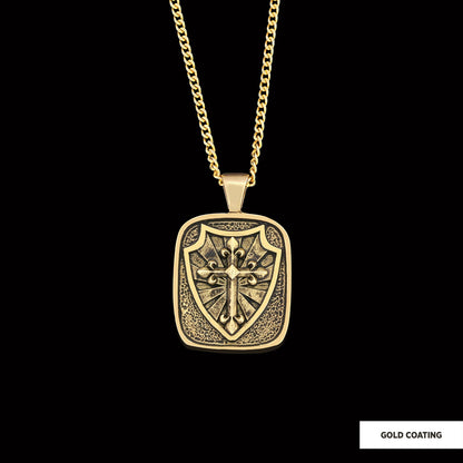 Knight's Cross and Shield Necklace, Silver Shield Necklace, Religious Gift for Men, Christian Armor Jewelry, Crusader Accesso