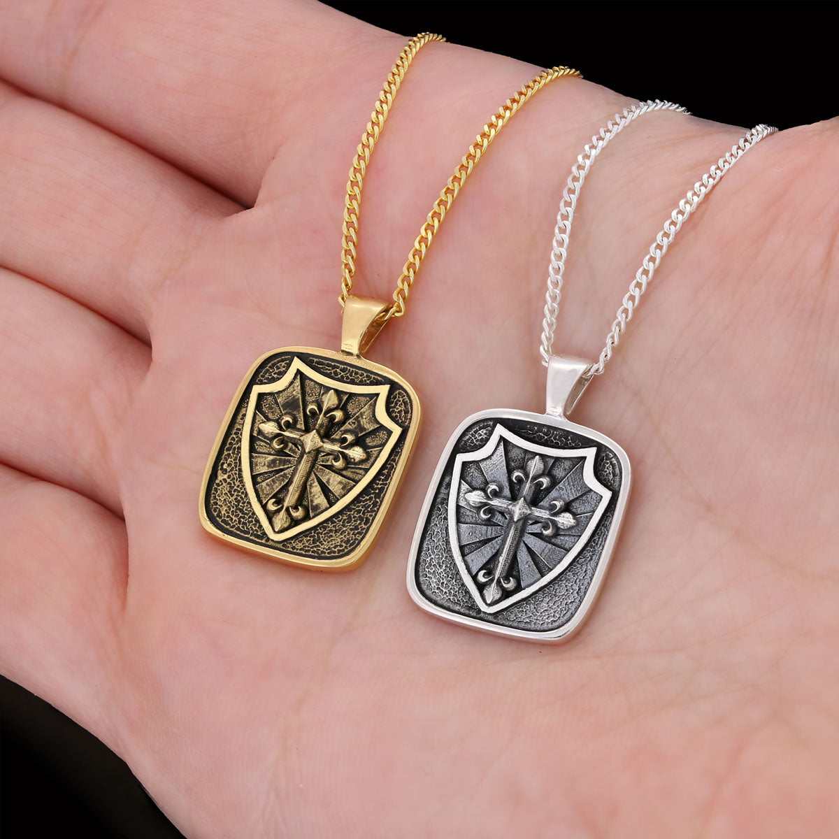 Knight's Cross and Shield Necklace, Silver Shield Necklace, Religious Gift for Men, Christian Armor Jewelry, Crusader Accessory Gold Coating - view 3