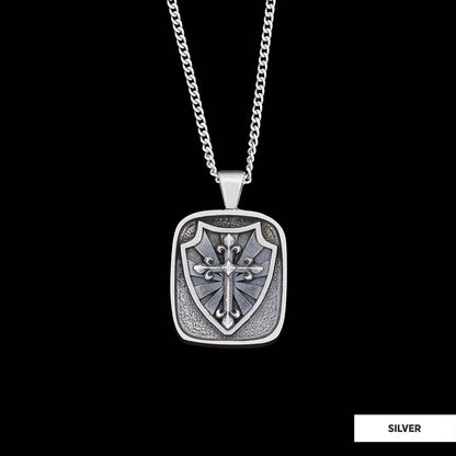 Knight's Cross and Shield Necklace, Silver Shield Necklace, Religious Gift for Men, Christian Armor Jewelry, Crusader Accesso