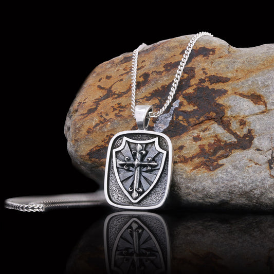 Knight's Cross and Shield Necklace, Silver Shield Necklace, Religious Gift for Men, Christian Armor Jewelry, Crusader Accessory - view 1
