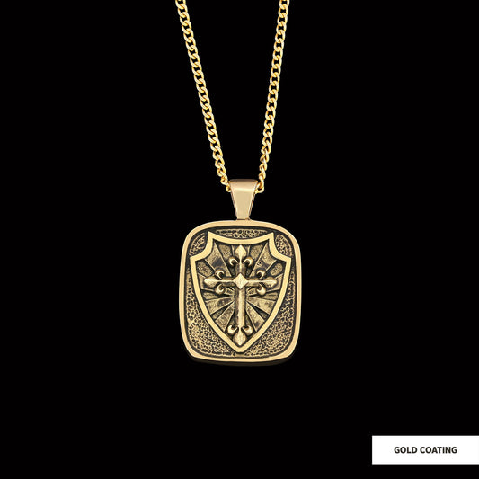 Knight's Cross and Shield Necklace, Silver Shield Necklace, Religious Gift for Men, Christian Armor Jewelry, Crusader Accessory