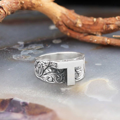 Letter T 925 Sterling Silver Monogram Women Ring by SWISS PLUS - Letter Collection - view 4