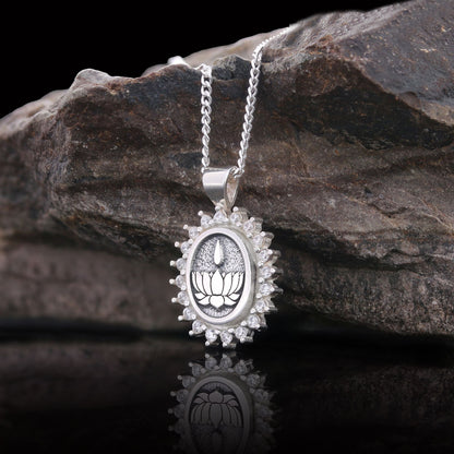 Lotus Flower Necklace, Buddhist Symbol Necklace, Stoned Buddhist Necklace, Lotus Jewelry, Women's Gift Accessory Silver by SW
