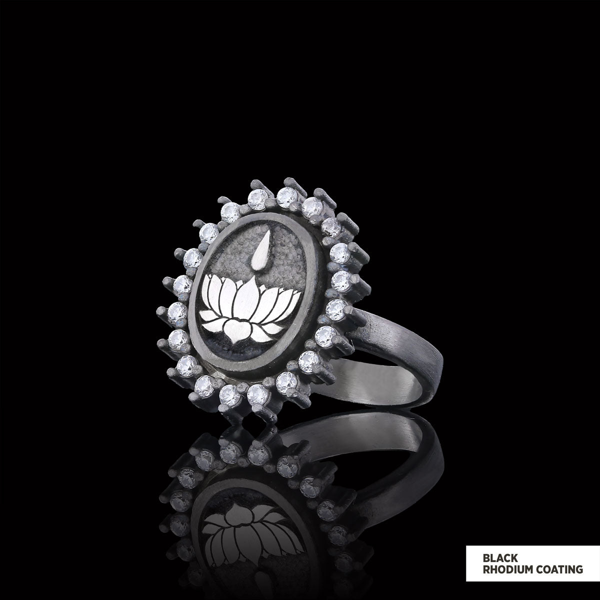 Lotus Flower Ring, Buddhist Symbol Ring, Stoned Buddhist Ring, Lotus Jewelry, Women's Gift Accessory Black Rhodium Coating