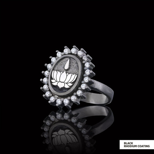 Lotus Flower Ring, Buddhist Symbol Ring, Stoned Buddhist Ring, Lotus Jewelry, Women's Gift Accessory Black Rhodium Coating