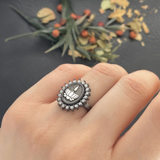 Lotus Flower Ring, Buddhist Symbol Ring, Stoned Buddhist Ring, Lotus Jewelry, Women's Gift Accessory Black Rhodium Coating