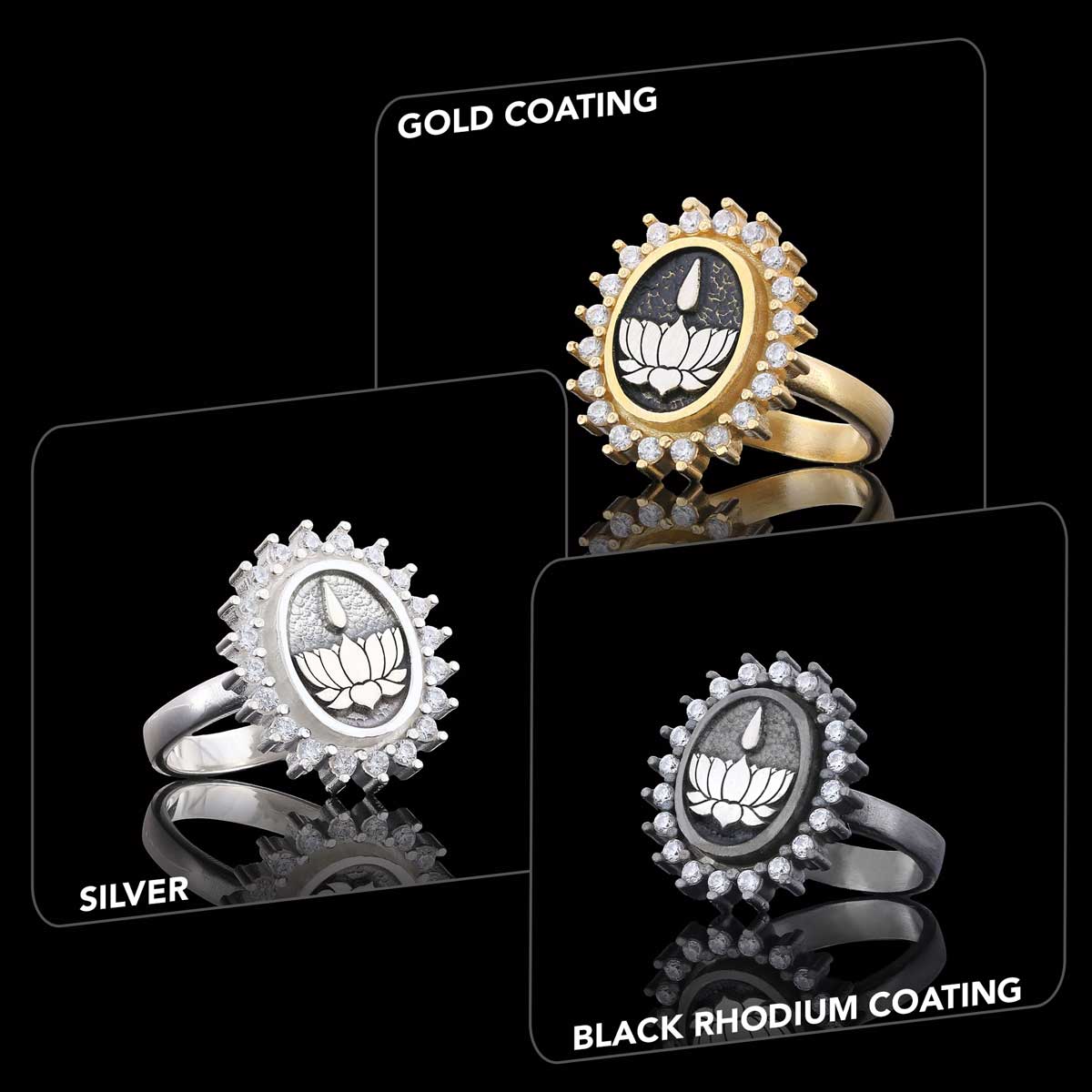 Lotus Flower Ring, Buddhist Symbol Ring, Stoned Buddhist Ring, Lotus Jewelry, Women's Gift Accessory Black Rhodium Coating