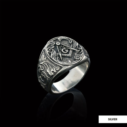 Masonic Compass Round Ring, Men Signet Mason Ring, Freemason Symbol Signet Ring by SWISS PLUS - Mason Collection - view 2