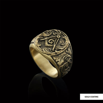 Masonic Compass Round Ring, Men Signet Mason Ring, Freemason Symbol Signet Ring by SWISS PLUS - Mason Collection - view 3