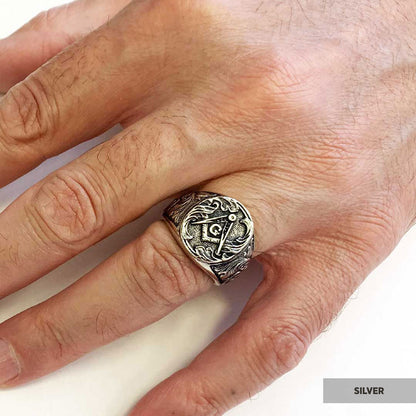 Masonic Compass Round Ring, Men Signet Mason Ring, Freemason Symbol Signet Ring by SWISS PLUS - Mason Collection - view 5