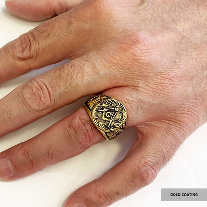 Masonic Compass Round Ring, Men Signet Mason Ring, Freemason Symbol Signet Ring by SWISS PLUS - Mason Collection - view 6