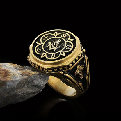 Round Special Design Handmade Silver Men Masonic Ring by SWISS PLUS - Mason Collection