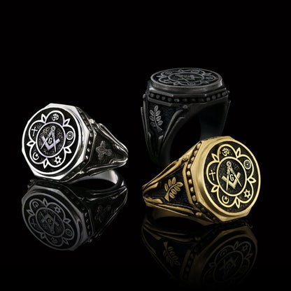 Round Special Design Handmade Silver Men Masonic Ring by SWISS PLUS - Mason Collection - view 5
