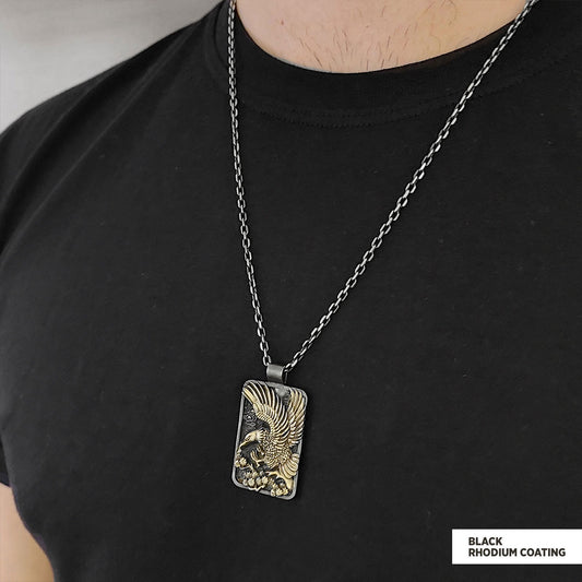 Men Sterling Silver Eagle Pendant Black Rhodium Coating-Chain