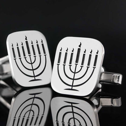 Square Sterling Silver Menorah Isolated Cufflink by SWISS PLUS - Jewish Collection - view 6