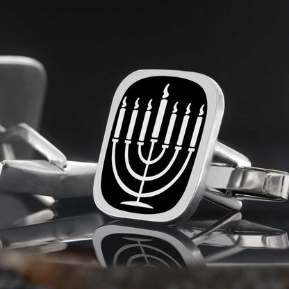 Square Sterling Silver Menorah Isolated Cufflink by SWISS PLUS - Jewish Collection