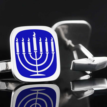 Square Sterling Silver Menorah Isolated Cufflink by SWISS PLUS - Jewish Collection - view 3