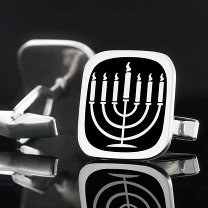 Square Sterling Silver Menorah Isolated Cufflink by SWISS PLUS - Jewish Collection - view 4