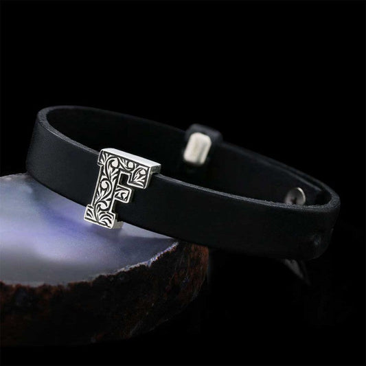 Motif 925 Sterling Silver Letter F Leather Bracelet