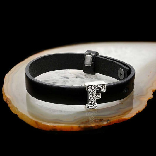 Motif 925 Sterling Silver Letter F Leather Bracelet by SWISS PLUS - Letter Collection - view 2
