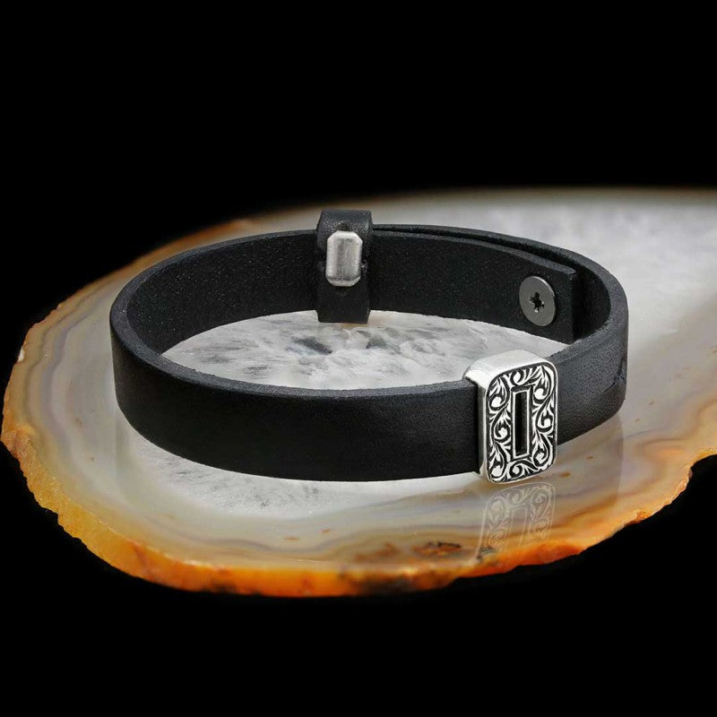 Motif 925 Sterling Silver Letter O Leather Bracelet