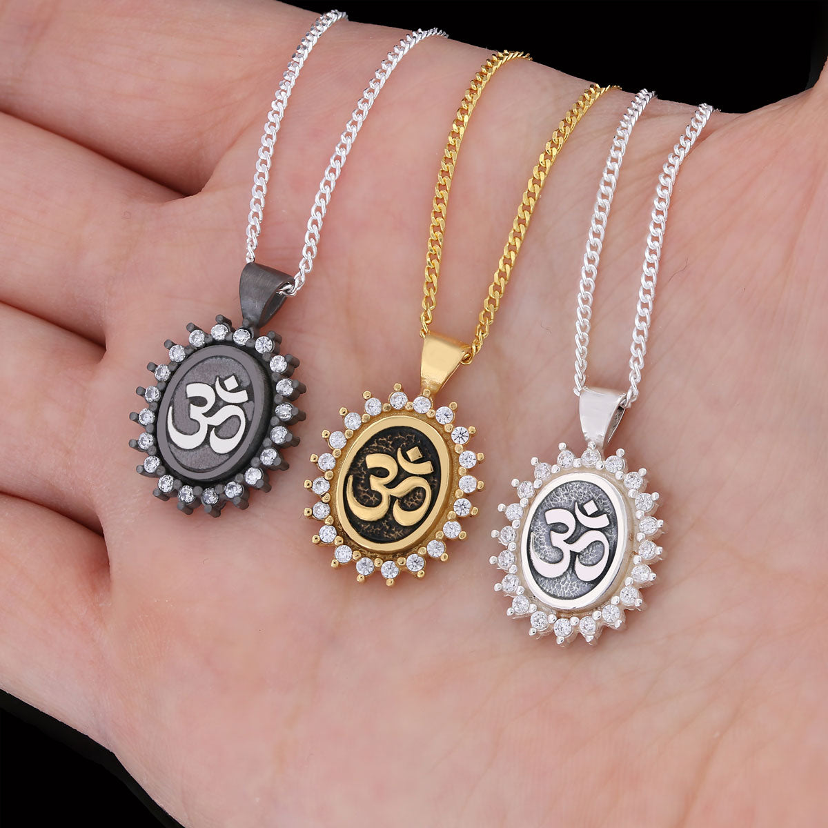 Om Necklace, Aum Necklace, Spiritual Jewelry, Om Necklace, Yoga-inspired Om Charm, Elegant Om Necklace, Stoned Aum Pendant Black Rhodium Coating