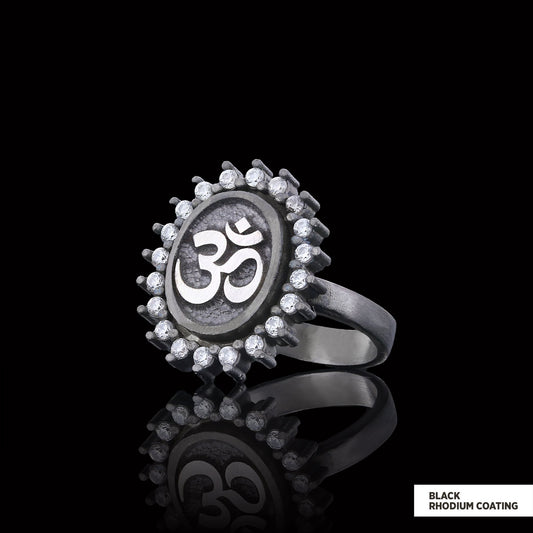 Om Ring, Aum Ring, Spiritual Jewelry, Yoga-inspired Om Charm, Elegant Om Ring, Stoned Aum Ring Black Rhodium Coating - view 1
