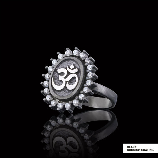 Om Ring, Aum Ring, Spiritual Jewelry, Yoga-inspired Om Charm, Elegant Om Ring, Stoned Aum Ring Black Rhodium Coating
