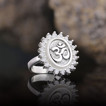 Om Ring, Aum Ring, Spiritual Jewelry, Yoga-inspired Om Charm, Elegant Om Ring, Stoned Aum Ring Silver by SWISS PLUS - Buddhis