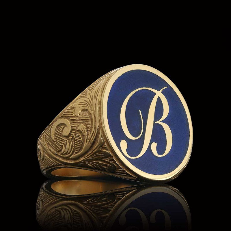 Oval Blue Enamel Monogram B Letter Ring by SWISS PLUS - Letter Collection - view 2